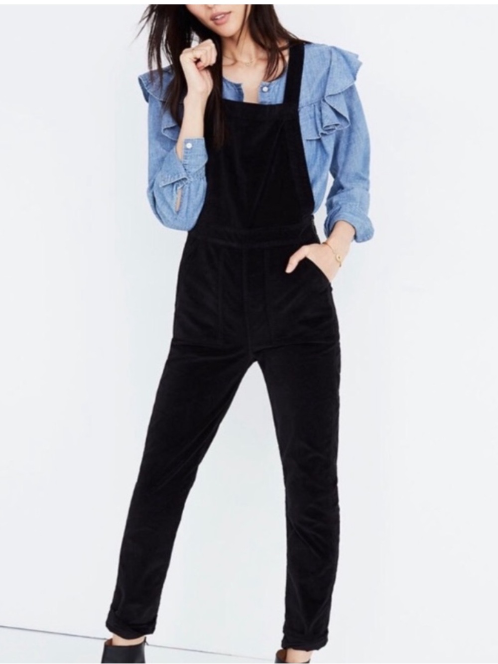 Madewell Black Velvet Overalls Jumpsuit